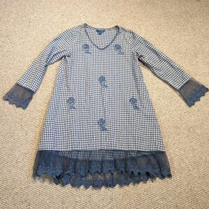 April Cornell Tanya Gingham Dress Womens Small Blue Embroidered Floral Cottage